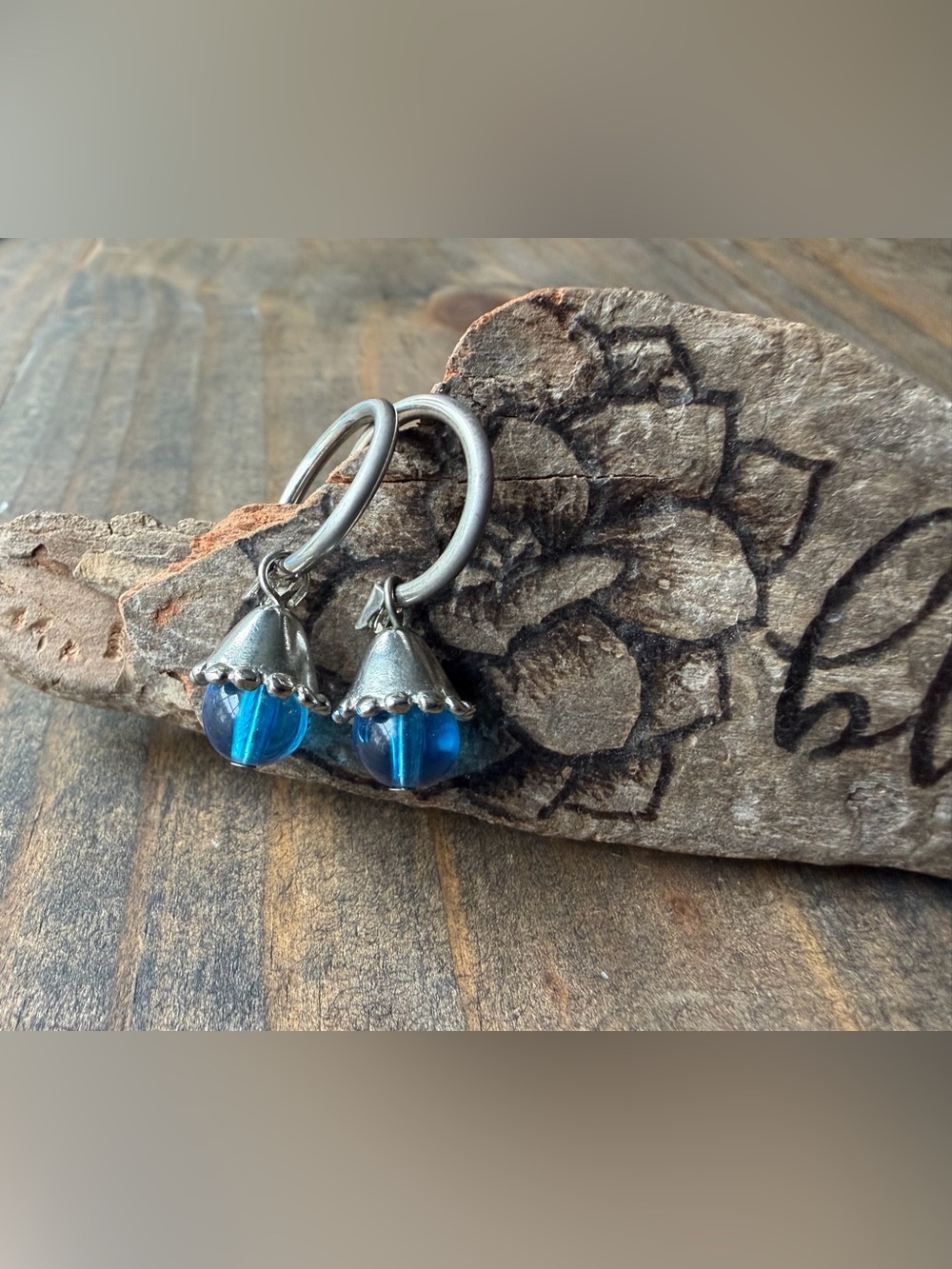 Blue Glass Drop Hoop Earrings - Silver-Tone